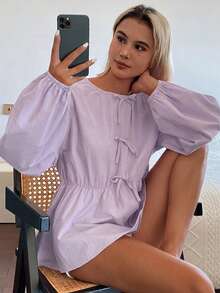 DAZY 女款圓領蝴蝶結寬鬆休閒度假襯衫 - 紫色 - 查看 5