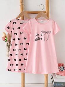 2pcs/Set Girls' Simple Fashion Pink & Grey Cute Cartoon Sheep Print Short Sleeve Long Nightgown Loungewear - Baby Pink - View 3