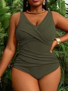Slaydiva Baju Renang Wanita Ukuran Besar Model One-Piece Warna Polos yang Melangsingkan dan Menonjol, Modis, Kasual, untuk Liburan dan Pantai - Hijau Tentara - View 3