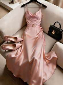 SHEIN Vestido midi de mujer de un solo color con tirantes finos - Rosa - Ver 4