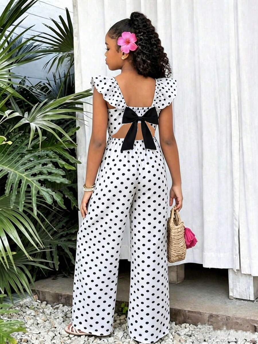 One-Piece Jumpsuit With Beige Base, Printed With Dark Green Tropical Plants And Parrot Patterns, Full Of Vacation Style. Square Neck Backless Design Paired With Same-Color Large Bow, Playful And Exquisite; Small Flutter Sleeves Modify Shoulder Line, High Waist Wide Leg Relaxed And Casual, Combining Freshness And Lazy Atmosphere, Very Suitable For Beach Or Summer Outings. - Black and White - View 1