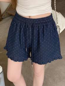 DAZY Women's Korean Style Ruffle Lace Polka Dot Casual Loose Shorts - Blue - View 6