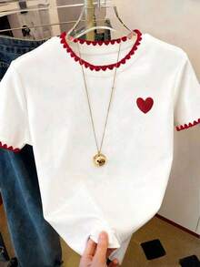 SHEIN Playful Pals 4-7岁女童圆领爱心图案休闲短袖T恤，舒适时尚，适合夏季日常穿着和旅行，充满活力。 - 彩色 - 查看 4