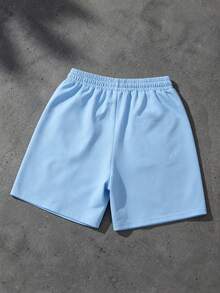 ROMWE MEN Prep Spring/Summer Casual Graphic Men'S Drawstring Waist Simple Cross Embroidery Shorts, Football Style, School - Baby Blue - View 2