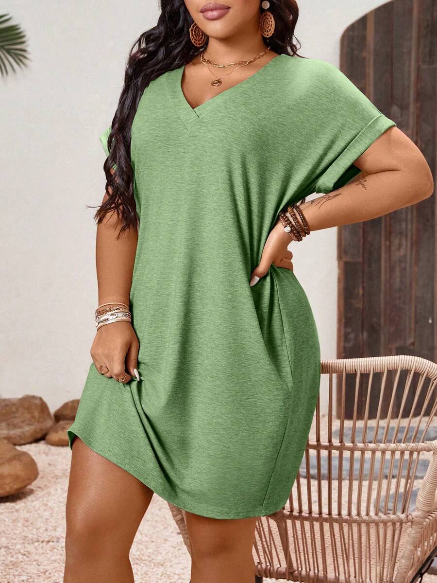SHEIN LUNE CURVE 大尺碼V領純色捲袖中長版休閒春季陽光洋裝 - Fresh Green - 查看 1