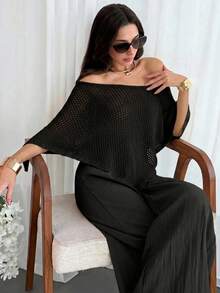 Aloruh Women's Solid Color Off-Shoulder Casual Versatile Daily Knit Top - Black - View 7