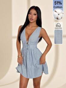 SHEIN PETITE 女款藍色編織條紋無袖迷你洋裝，夏季女裝，適合嬌小女性 - 藍白色 - 查看 3