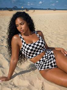 Vaytide Set bikini a quadri arricciato senza ferretto, set bikini da vacanza per donna - Bianco e nero - Visualizzare 1