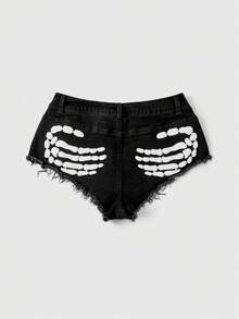 ROMWE Grunge Punk 夏季龐克哥德骷髏刺繡性感街頭音樂節金屬鉚釘低腰緊身牛仔短褲，萬聖節之夜黑白配色 - 黑色 - 查看 1