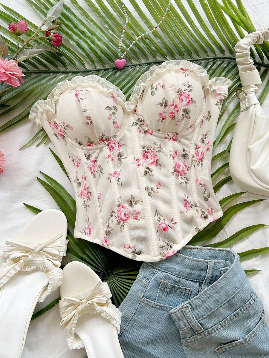 Soleia 女款春夏浪漫度假風雛菊刺繡紋理印花3D花卉裝飾抹胸上衣,休閒約會情人節下午茶海灘郵輪公路旅行城市度假音樂節派對波希米亞嬉皮西式風格,可作內搭或外穿,無墊肩 - 淺粉色 - 查看 1