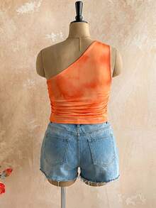 Plus Size Women's Vacation Floral Print One Shoulder Sleeveless Asymmetrical Hem Top Beach Vacation Burnt Orange Summer Filipiniana - Burnt Orange - View 2
