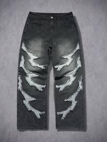 Manfinity Roughcore Men's Gothic Street Style Distressed Fringe Washed Straight Leg Wide Jeans - Black - View 4