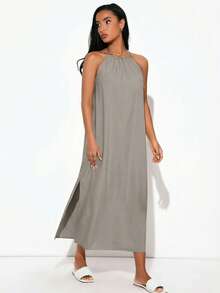 SHEIN BASICS Đầm nữ dệt cổ yếm xẻ tà bên hông - Xám - Xem 4