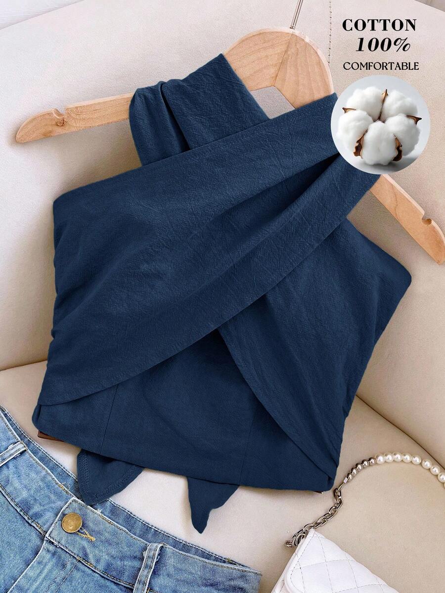 Travachic Atasan Wanita Tanpa Lengan Model Lilitan Berlipit Warna Polos, Atasan Musim Panas - Navy Blue - View 1