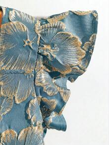 Franclia 女款仿珍珠裝飾金屬質感花卉印花時尚浪漫優雅襯衫 度假藍色花卉夏季 - 藍色 - 查看 7