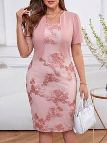 SHEIN Clasi 大码女式提花短袖二合一修身优雅连衣裙 - 粉色 - 查看 2