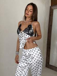 Aloruh A Sexy Deep V Blouse Made Of Feminine Polka Dot Printed Sheer Fabric, Paired With An Elegant Lace Decorated Pajama Set. Suitable For All Seasons And P - Black and White - View 5