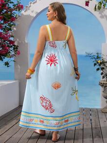 Vivid Eden Vestido Regata Feminino Plus Size com Estampa Listrada Azul & Branca, Patchwork e Acabamento Ondulado para Férias na Praia no Verão - Azul e Branco - Visão 2