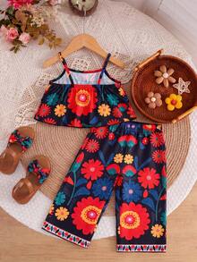 SHEIN Playful Pals 2件組 幼女花卉印花寬鬆吊帶上衣+長褲 黑色夏季趣味度假休閒套裝 舒適透氣面料 - 彩色 - 查看 3