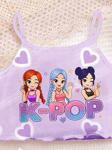 奶油紫 K-POP 卡通女孩圖案 少女休閒簡約細肩帶上衣與短褲家居服，適合春夏穿著 - 彩色 - 查看 3