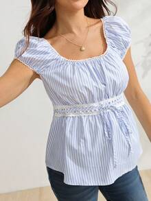 GentleRue Maternity Maternity Short Sleeve Square Neck Waist Knot Lace Bow Tie Design A-Line Striped Maternity Top - Blue and White - View 4