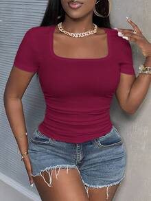 Slaydiva Camiseta de mujer de 97% algodón acanalado, minimalista, casual, básica de verano, cuello cuadrado, manga corta, ajuste regular, fruncido lateral, elástica acanalada, color rojo rosa - Rosa Fucsia - Ver 5
