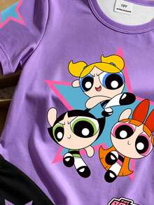 THE POWERPUFF GIRLS X SHEIN GraphicGems 青少年女孩紫色星星印花T恤 + 卡通喇叭褲夏季休閒套裝 - 紫色 - 查看 4
