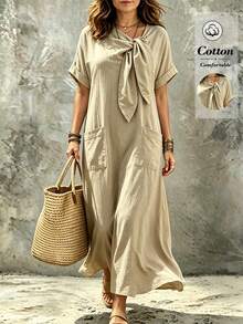 Lacomfia Plus Size Women's Vacation Dress, Loose Fit, Comfortable Short Sleeve, Front Pockets, Flared Hem Vacation Khaki Summer Elegant - Khaki - View 8