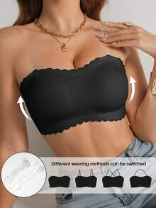 DesireSculpt Women's Lace Strapless Bra,Black Summer Tight Sport Floral Print Non-Wired Seamless Push-Up Anti-Sagging Bandeau Bra With Adjustable Straps,1pc - Black - View 5