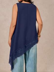 Juhart Plus Size Lace Patchwork Asymmetric Hem Sleeveless Top - Navy Blue - View 2