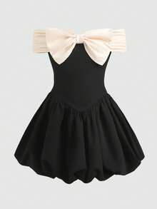SHEIN Tween Girls Elegant Colorblock Asymmetrical Shoulder Ruched Puff Sleeve Dress, Suitable For Birthday Party, Back To School, Graduation Party - Black - View 6