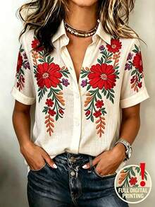 SHEIN Blusa suelta de manga corta con cuello y bordado floral rojo para mujer de verano - Multicolor - Ver 9