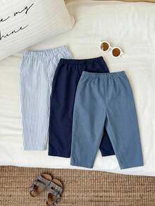 3pcs Baby Boys/Girls Elastic Waist Pants Set With Decorative Ribbon, Versatile & Comfortable For Outings, Street Style, Home, Party - Multicolor - View 2