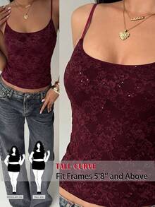 SHEIN Tall CURVE Áo hai dây ren và đính sequin gợi cảm mới dành cho nữ cỡ lớn, phong cách đường phố thời trang, áo mùa hè. - Màu Đỏ Sâu - Xem 3