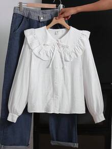 SHEIN 青少年女孩編織白色彼得潘領彼得潘領休閒百搭長袖襯衫 - 白色 - 查看 3