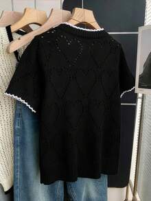 GlowEve CURVE Plus Size Elegant Cute Fairy Colorblock Heart Pattern Hollow Out Round Neck Short Sleeve Knit Top Dinner Office Black Summer - Black and White - View 2