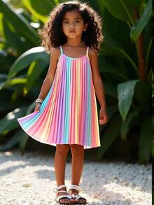 SHEIN Elladie kids 少女款撞色寬鬆百褶細肩帶洋裝 - 彩色 - 查看 8