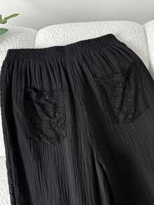 SHEIN 青少年女孩休閒極簡街頭風黑色側邊蕾絲拼接寬鬆直筒百搭長褲，黑色長褲 - 黑色 - 查看 8