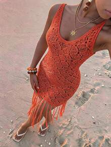 SHEIN Vestido de playa con flecos de estilo bohemio, de ganchillo y con diseño calado, ajustado y sexy para mujer - Naranja - Ver 1