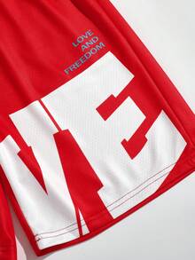 ROMWE MEN Street Life Spring/Summer Casual Printed Red Drawstring Waist Letter Basketball Shorts, School Style - Red - View 5