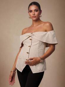 MaterniChic A Maternity Blouse With Metal Button Embellishments, A Slit Hem, And Off-The-Shoulder Design, In Apricot Color, Perfect For An Elegant Summer Look. - Khaki - View 11