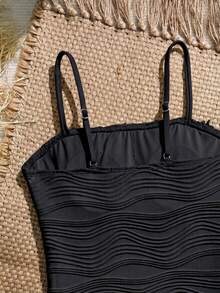SHEIN 青少年女孩吊帶式紋理面料海星飾邊分體式比基尼套裝，海灘泳池休閒度假，春夏季 - 黑色 - 查看 4