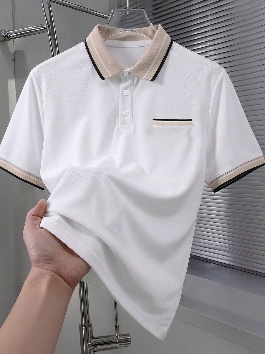 Calvornis 男士提花領飾假口袋商務休閒短袖 Polo 衫,適合日常穿著、節日、約會,送給丈夫/男朋友的禮物,正式 - 白色 - 查看 1