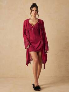 HautHeat Women's Bow Decor Camisole Nightgown And Cardigan Casual Daily Home Pajama Set - Burgundy - View 3