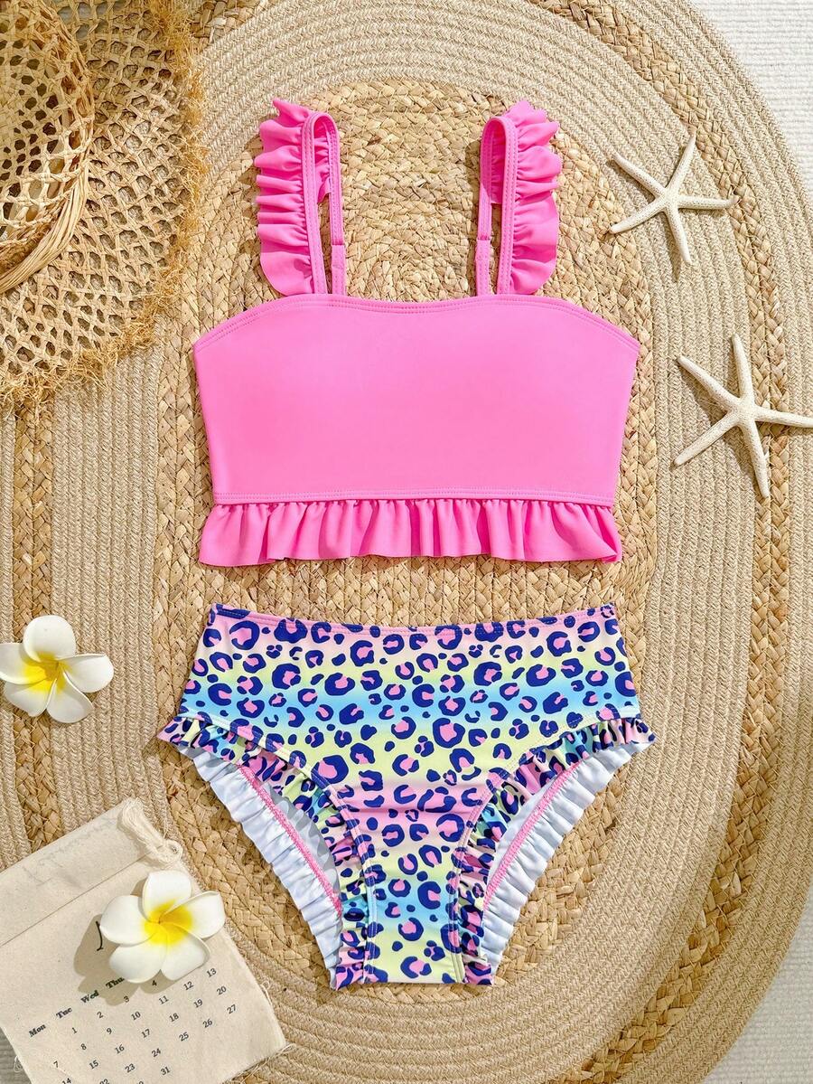 SHEIN Tween Girl Colorful Leopard Print Pink Ruffle Swimsuit Set - Pink - View 1