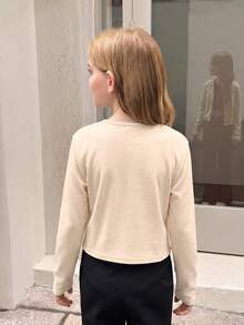 SHEIN 兒童青少年女孩休閒日常百搭素色百褶圓領鈕扣短版七分袖夾克外套，返校季 - 杏色 - 查看 2