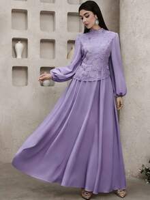 Feyla 女款網紗亮片刺繡 2合1不對稱下擺百褶長袖洋裝 - 紫色 - 查看 4