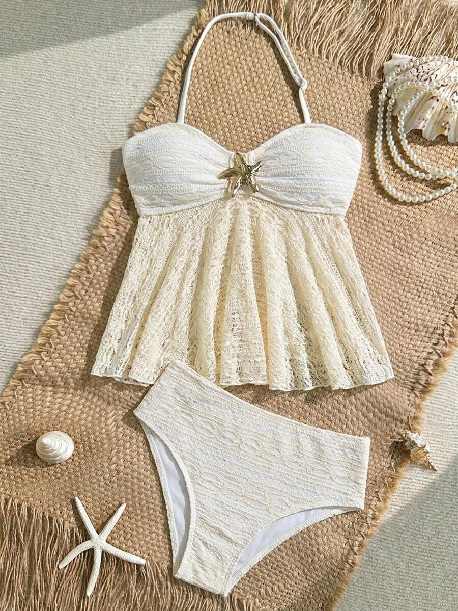 Travachic KIDS Travachic Tween Girl Tween Girl Textured Knit Apricot Halter Tankini Swimwear Set - Beige - View 1