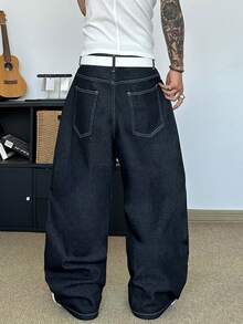 STEELVANCE Streetwear Retro Fashion Versatile Distressed Embroidered Design Loose Straight Wide Leg Casual Denim Jeans (Belt And Accessories Not Included) - Black - View 2