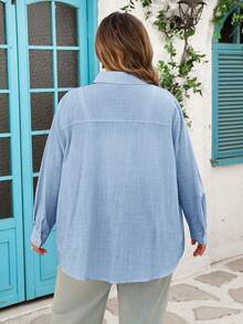 SHEIN CURVE+ Curve 尺码 US22 音乐节、海滨度假、波西米亚风女士长袖休闲条纹衬衫，春夏女装 - 藍白色 - 查看 2